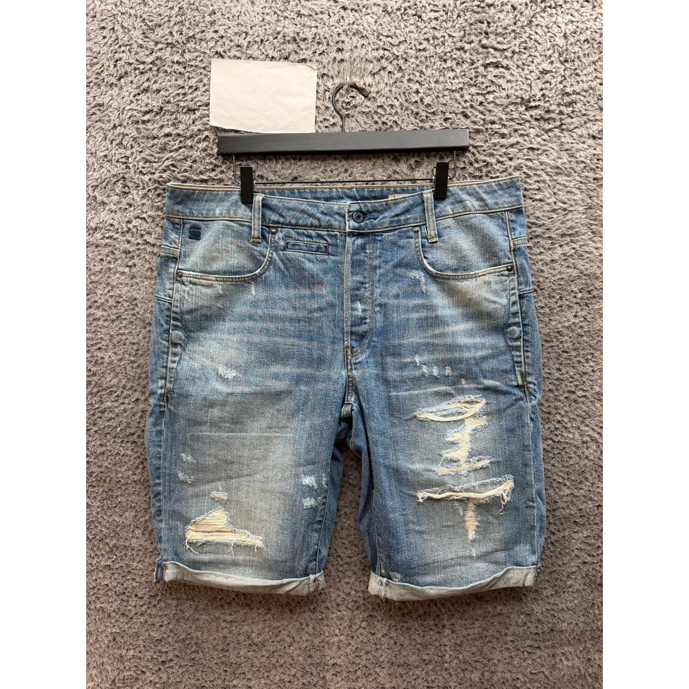 G-Star Raw D-Staq 3D Distressed Denim Shorts Medium Wash Blue Mens Size 36
